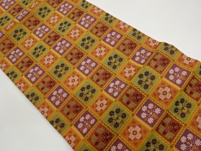 Nagoya obi woven with plaid and abstract flower pattern (Matsuba tailoring)